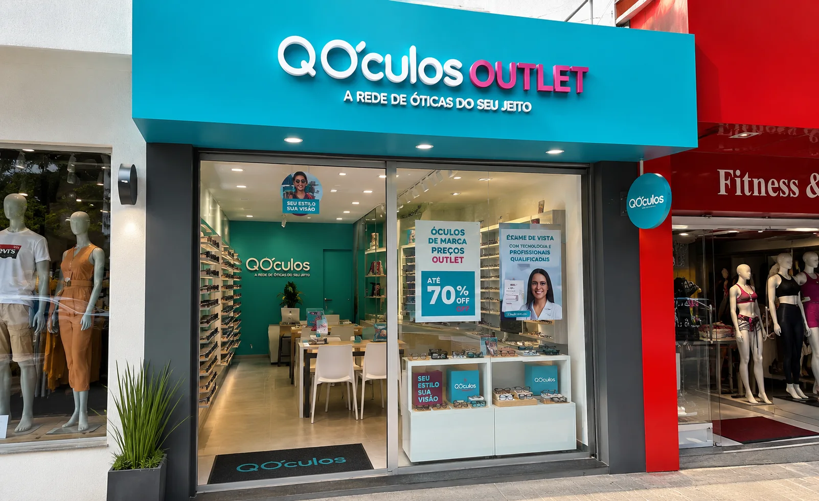 Fachada real da QÓculos Outlet Montes Claros